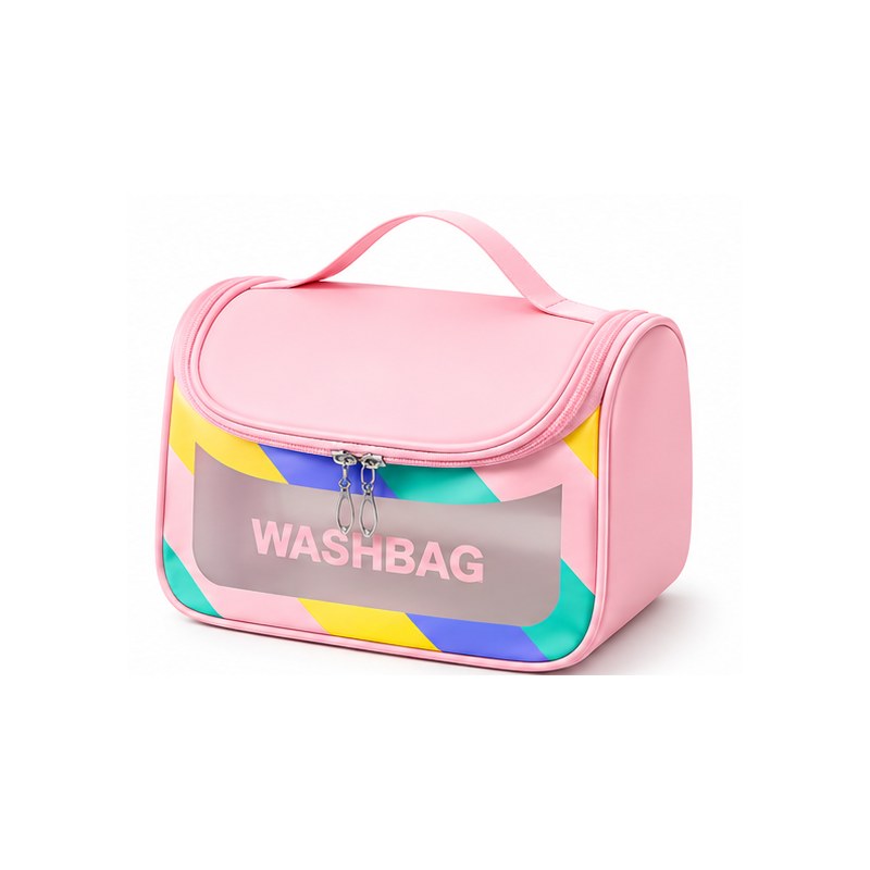 Trousse de toilette femme transparente rose, vue de face fond blanc