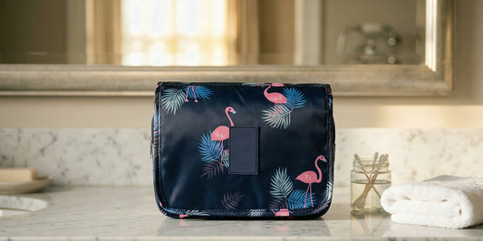 Trousse de toilette femme à motif flamants posée sur le marbre d'une salle de bain d'hôtel