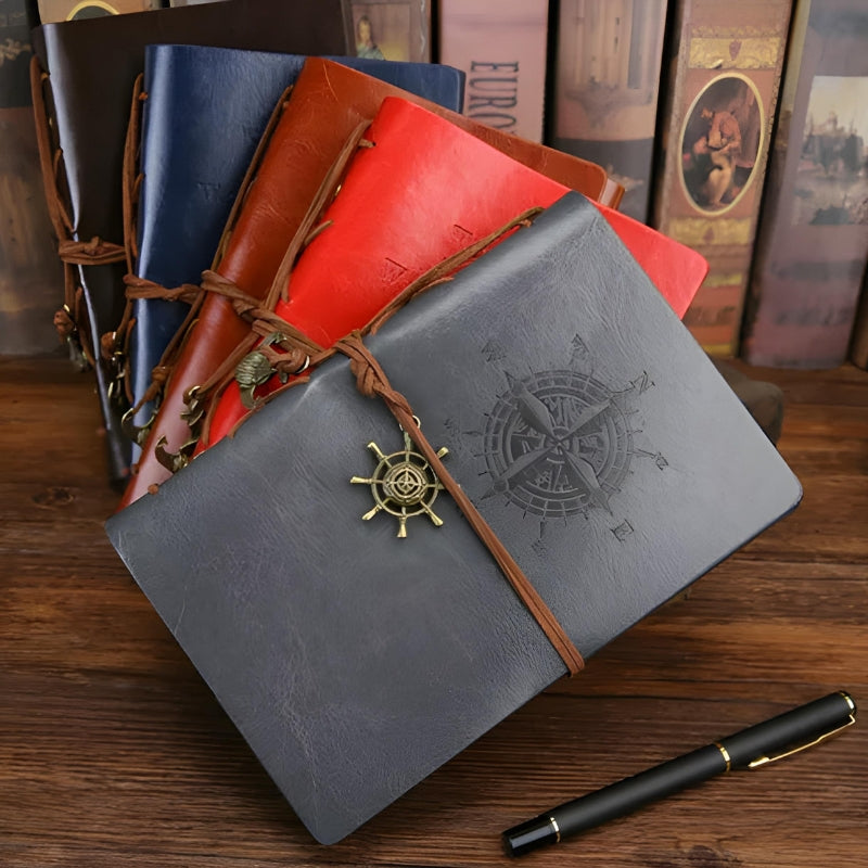 Carnet De Voyage Couverture Simili cinq carnets empilés - Rouge - Vert - Bleu - Noir - Marron Clair - Marron Foncé - Feuilles Perforées