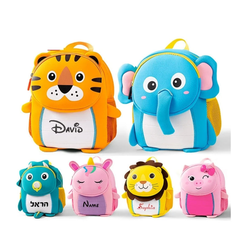 Sac Enfant Personnalisé six sacs alignés - Rhinocéros - Licorne - Eléphant - Lion - Cochon - Tigre