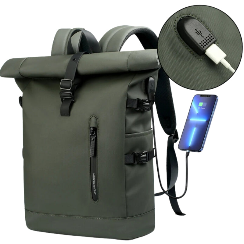 Sac à Dos Roll Top Imperméable gros plan port USB - Vert - Noir - Gris - Rose - Bleu Marine