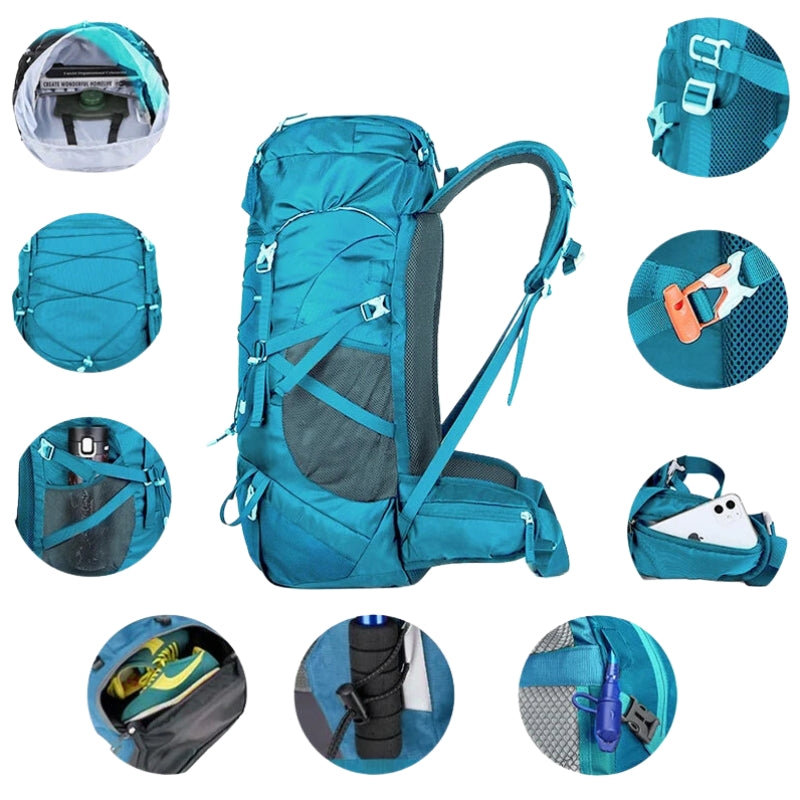 Sac Randonnée 50l gros plan compartiments - Turquoise - Vert Armée - Bleu - Noir - Rouge