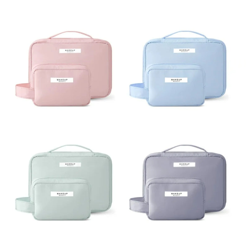 Trousse de Toilette et Maquillage Femme quatre tailles alignées - Rose - Bleu Ciel - Vert - Gris