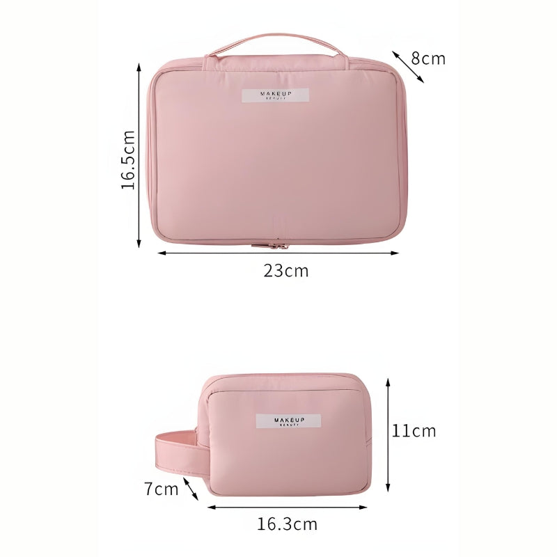 Trousse de Toilette et Maquillage Femme dimensions affichées - Rose - Bleu Ciel - Vert - Gris