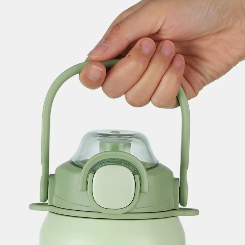 Gourde Isotherme Grande Capacité gros plan prise en main - Vert - Blanc - Rose - Jaune