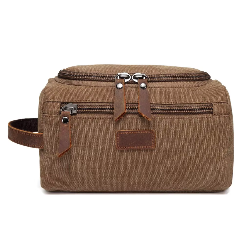 Grande Trousse de Toilette pour Homme gros plan fermeture zippée - Marron