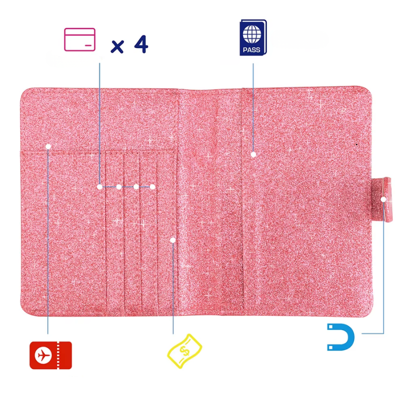 Protège Passeport Paillette intérieur avec compartiments - Champagne - Rose - Violet - Bleu