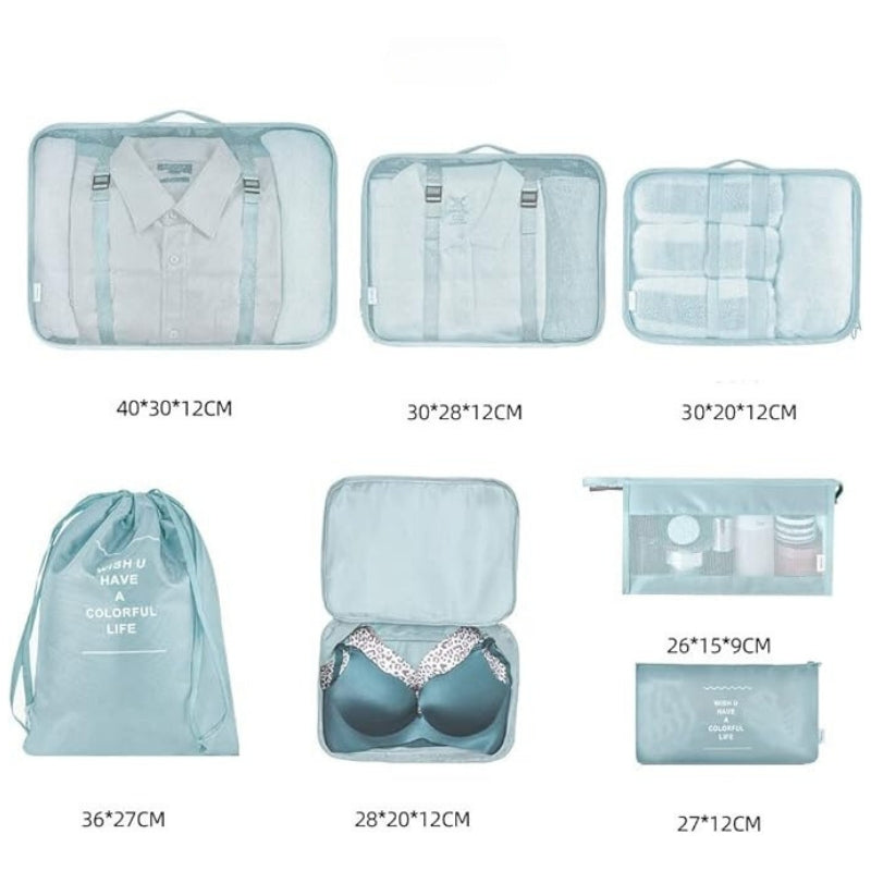 Lot Organisateur Bagages cinq tailles différentes - Noir - Gris - Bleu Ciel - Bleu Marine - Beige - Rose