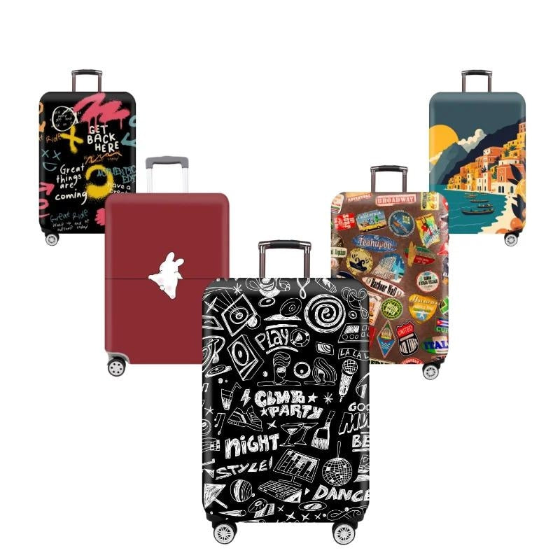housse de protection pour bagages - Vert Motif Panda - Vert Motif Petit Chat - Vert Motif Oiseau - Rouge Motif Lapin - Rouge Motif Petit Chat - Bleu Motif Ville - Bleu Motif Demi-Cercle - Bleu Motif Chien - Noir Motif Tigre - Noir Motif Tampon Voyage - Noir Motif Trace de Voyage - Noir Motif Graffitis - Noir Motif Boom Party - Marron Motif Stickers Voyage