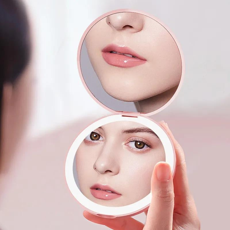 miroir de poche avec led - Blanc - Rose