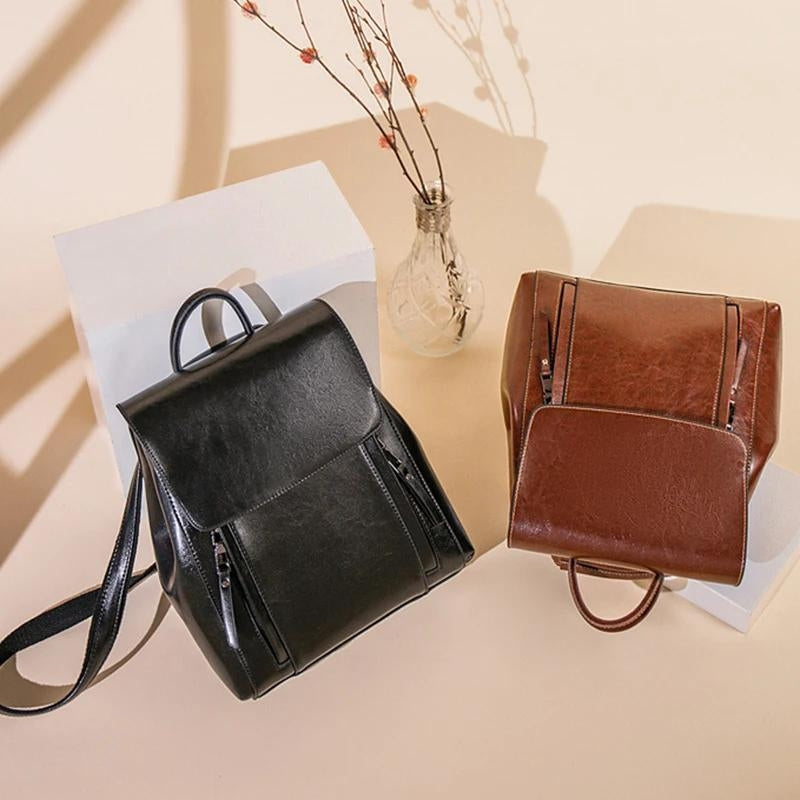 sac à dos cartable cuir femme - Caramel - Marron - Noir