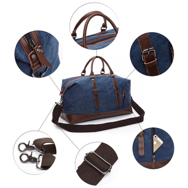 Sac Canvas Voyage gros plan détails - Gris - Noir - Marron - Vert - Bleu