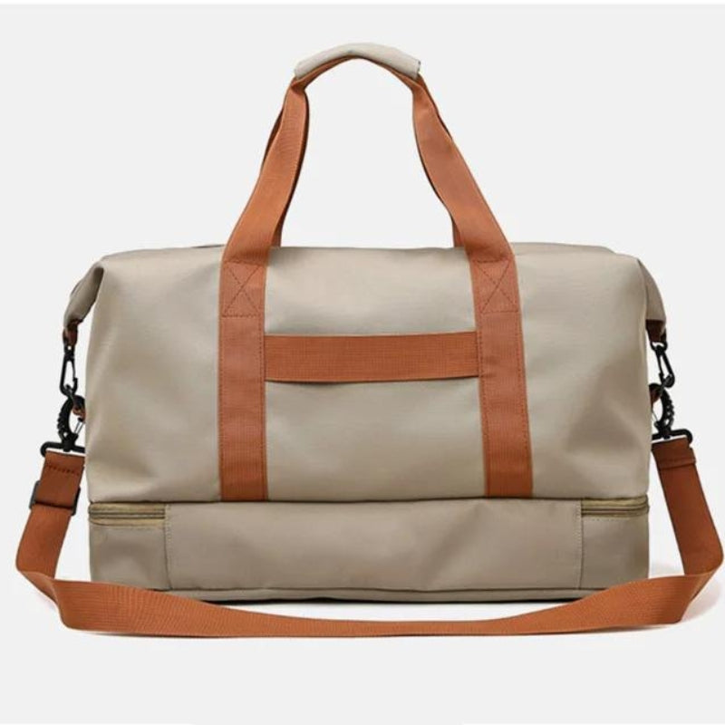 Sac de Voyage avec Rangement Chaussures gros plan sur le sac - Beige
